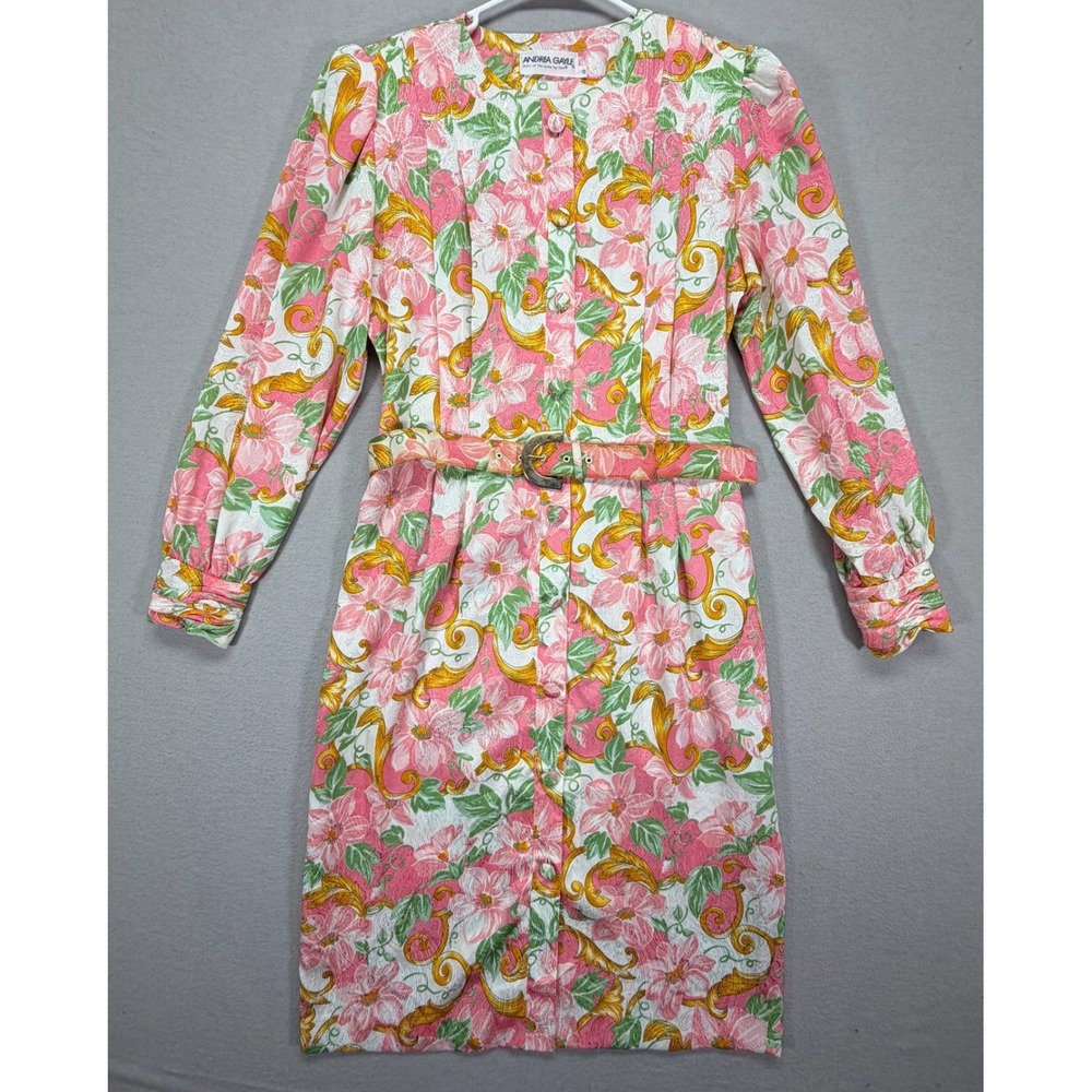 Andrea Gayle Women Dress Regular Pink Floral Belted Button Front Vintage 12